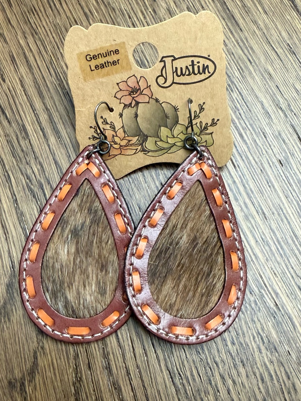 NWT Justin Boots Genuine Leather Teardrop Earrings Brown Hair-On Hide Western